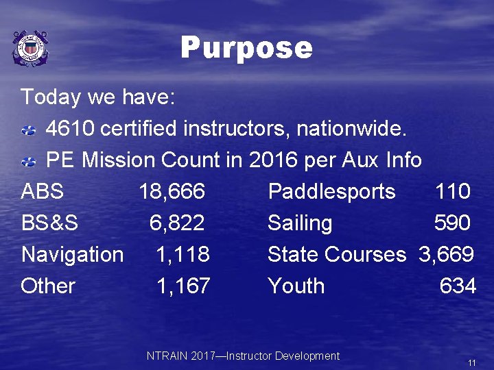 Purpose Today we have: 4610 certified instructors, nationwide. PE Mission Count in 2016 per