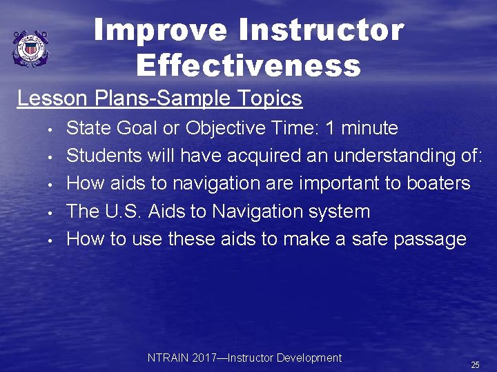 Improve Instructor Effectiveness Lesson Plans-Sample Topics • • • State Goal or Objective Time: