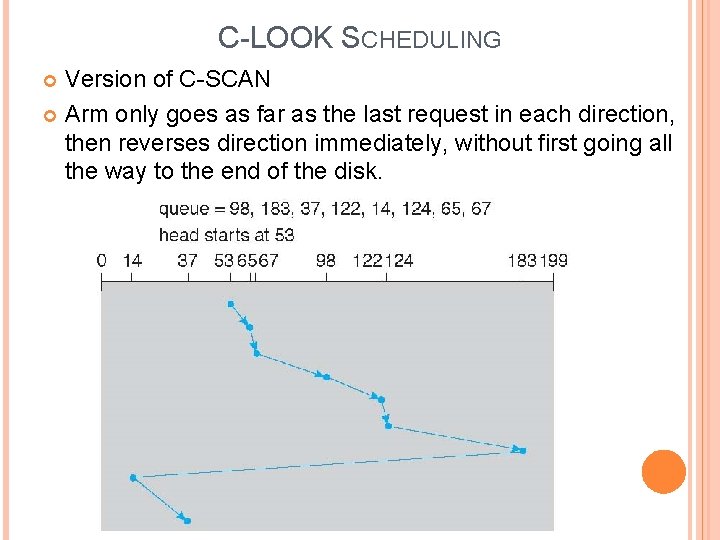 C-LOOK SCHEDULING Version of C-SCAN Arm only goes as far as the last request