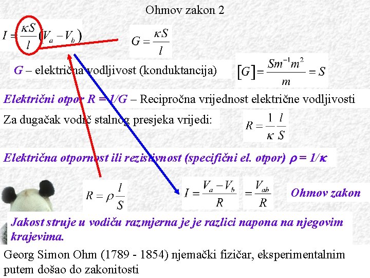 Ohmov zakon 2 G – električna vodljivost (konduktancija) Električni otpor R = 1/G –