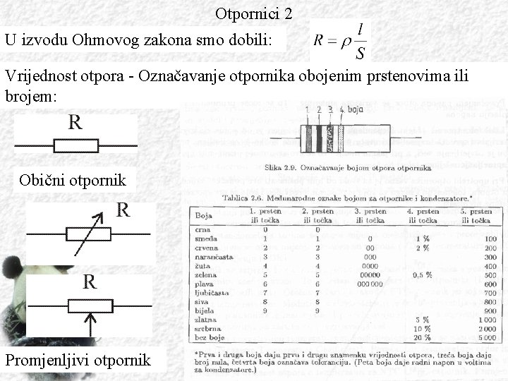 Otpornici 2 U izvodu Ohmovog zakona smo dobili: Vrijednost otpora - Označavanje otpornika obojenim