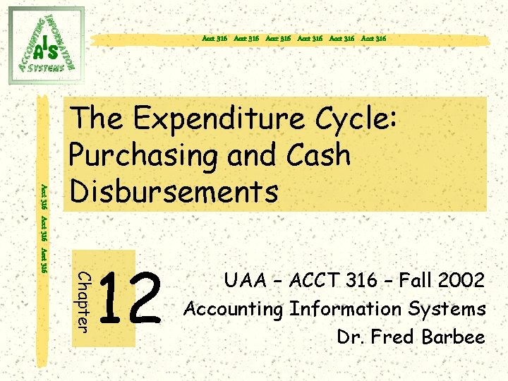 Acct 316 Acct 316 12 Chapter Acct 316 The Expenditure Cycle: Purchasing and Cash