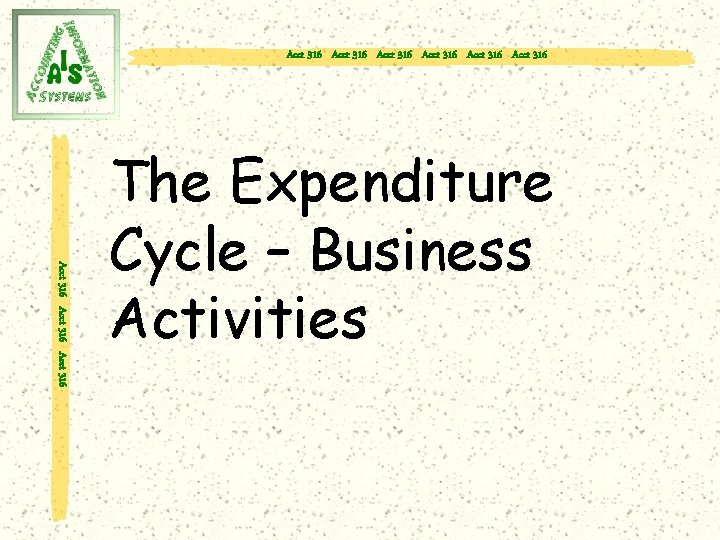 Acct 316 Acct 316 Acct 316 The Expenditure Cycle – Business Activities 