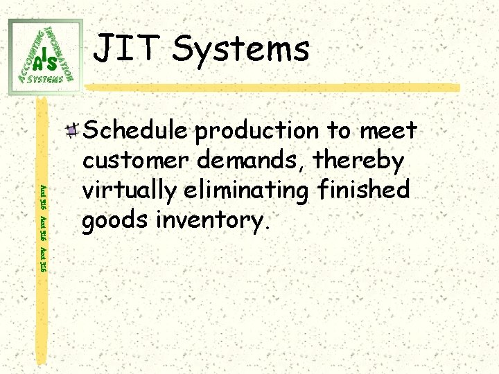 JIT Systems Acct 316 Schedule production to meet customer demands, thereby virtually eliminating finished