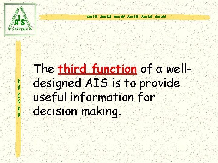 Acct 316 Acct 316 Acct 316 The third function of a welldesigned AIS is