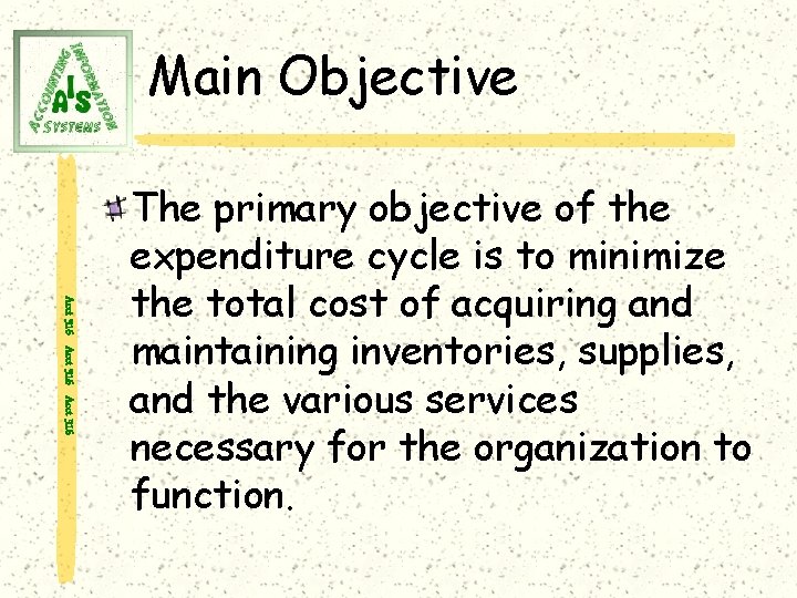 Main Objective Acct 316 The primary objective of the expenditure cycle is to minimize