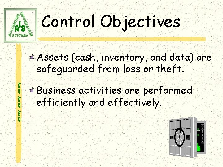 Control Objectives Assets (cash, inventory, and data) are safeguarded from loss or theft. Acct