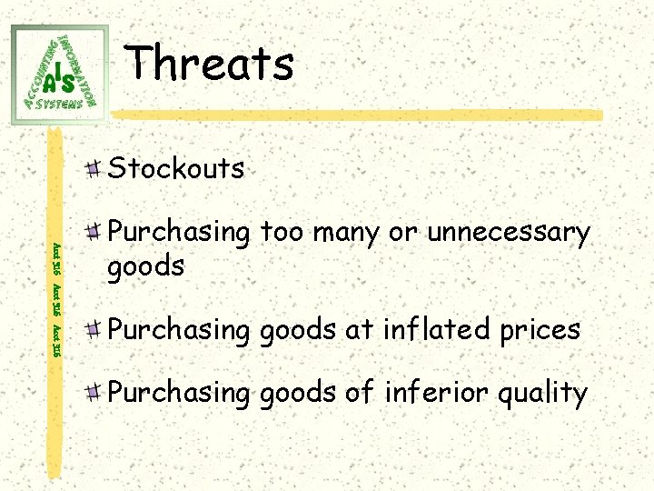 Threats Stockouts Acct 316 Purchasing too many or unnecessary goods Purchasing goods at inflated