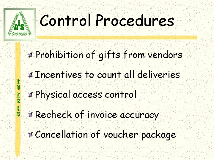 Control Procedures Prohibition of gifts from vendors Acct 316 Incentives to count all deliveries