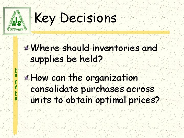 Key Decisions Where should inventories and supplies be held? Acct 316 How can the