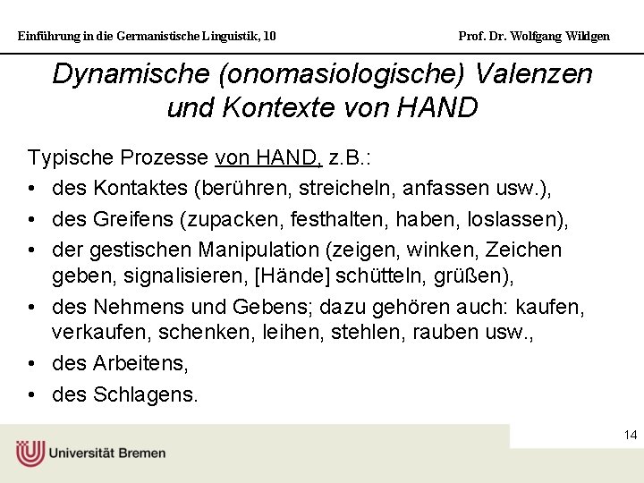 Einführung in die Germanistische Linguistik, 10 Prof. Dr. Wolfgang Wildgen Dynamische (onomasiologische) Valenzen und