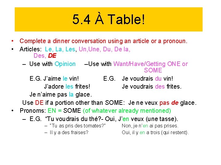 5. 4 À Table! • Complete a dinner conversation using an article or a