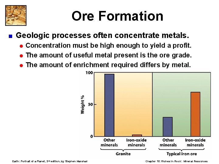 Ore Formation < Geologic processes often concentrate metals. = Concentration must be high enough