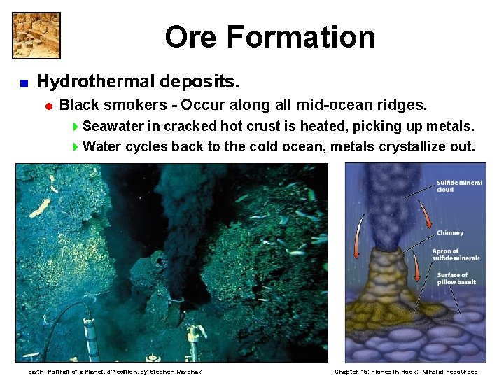 Ore Formation < Hydrothermal deposits. = Black smokers - Occur along all mid-ocean ridges.