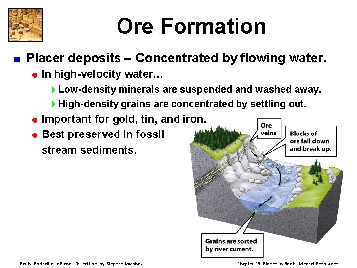 Ore Formation < Placer deposits – Concentrated by flowing water. = In high-velocity water…