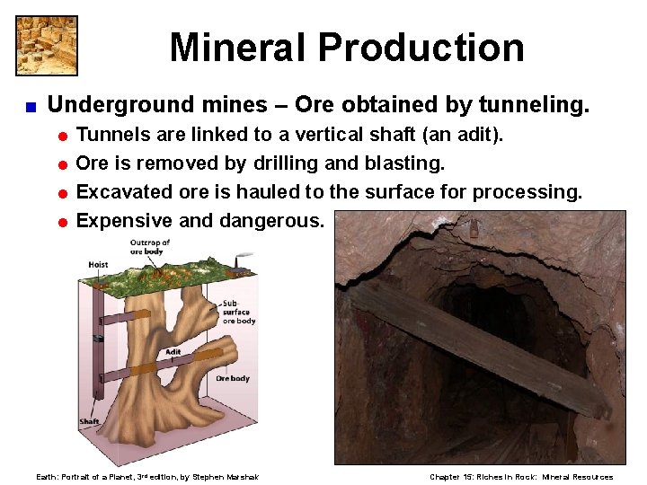 Mineral Production < Underground mines – Ore obtained by tunneling. = Tunnels are linked