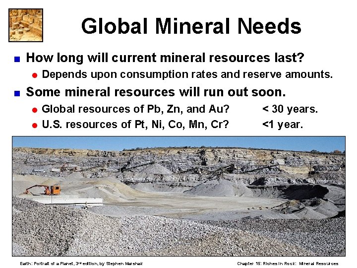 Global Mineral Needs < How long will current mineral resources last? = Depends <