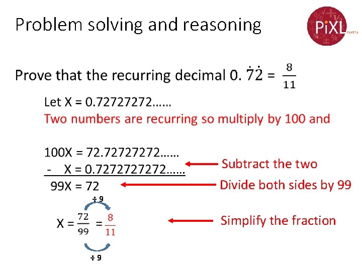 Problem solving and reasoning • Subtract the two Divide both sides by 99 ÷