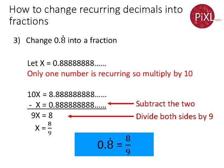 How to change recurring decimals into fractions • Subtract the two Divide both sides