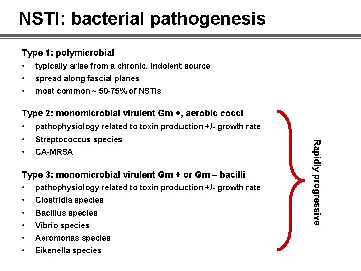 NSTI: bacterial pathogenesis Type 1: polymicrobial • typically arise from a chronic, indolent source