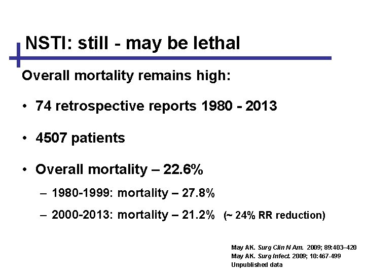 NSTI: still - may be lethal Overall mortality remains high: • 74 retrospective reports