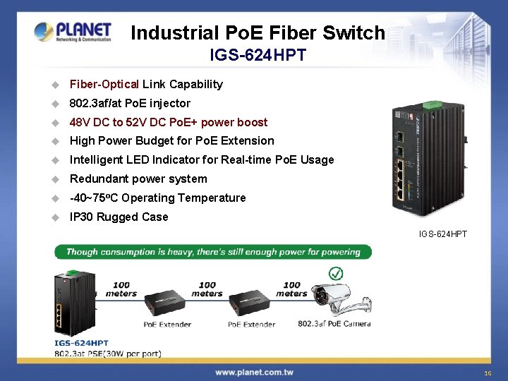 Industrial Po. E Fiber Switch IGS-624 HPT u Fiber-Optical Link Capability u 802. 3