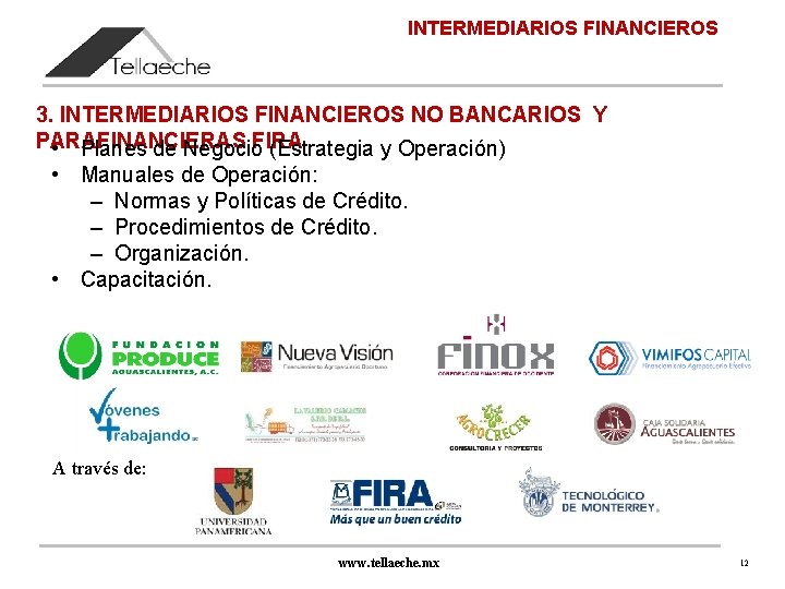 INTERMEDIARIOS FINANCIEROS 3. INTERMEDIARIOS FINANCIEROS NO BANCARIOS Y PARAFINANCIERAS • Planes de Negocio. FIRA