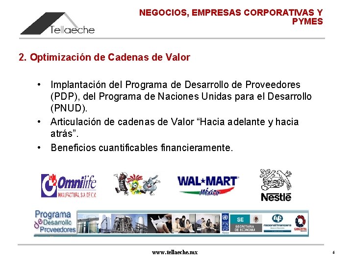 NEGOCIOS, EMPRESAS CORPORATIVAS Y PYMES 2. Optimización de Cadenas de Valor • Implantación del