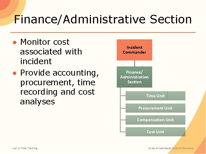 Finance/Administrative Section ● Monitor cost associated with incident ● Provide accounting, procurement, time recording