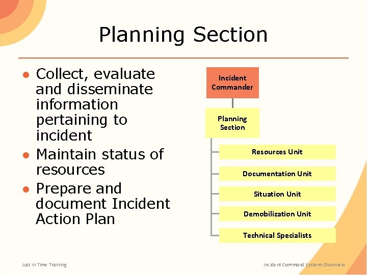 Planning Section ● Collect, evaluate and disseminate information pertaining to incident ● Maintain status