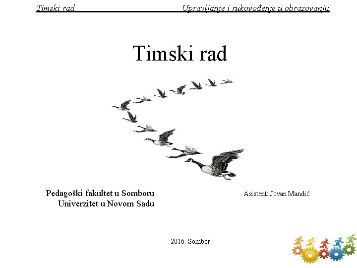 Timski rad Upravljanje i rukovođenje u obrazovanju Timski rad Pedagoški fakultet u Somboru Univerzitet