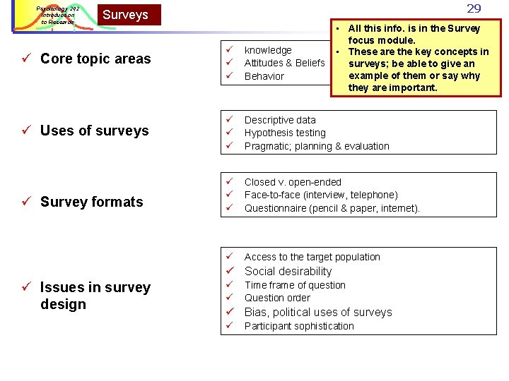 Psychology 242 Introduction to Research 29 Surveys • All this info. is in the Psychology 242 Introduction to Research 29 Surveys • All this info. is in the