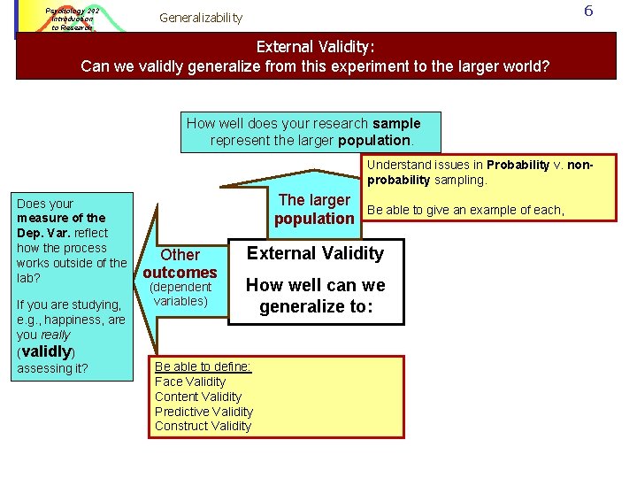 Psychology 242 Introduction to Research 6 Generalizability External Validity: Can we validly generalize from Psychology 242 Introduction to Research 6 Generalizability External Validity: Can we validly generalize from