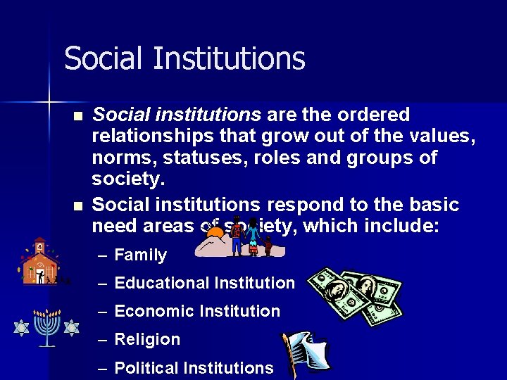 Social Institutions n n Social institutions are the ordered relationships that grow out of