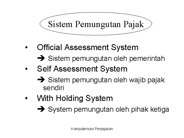 Sistem Pemungutan Pajak • • Official Assessment System Sistem pemungutan oleh pemerintah Self Assessment