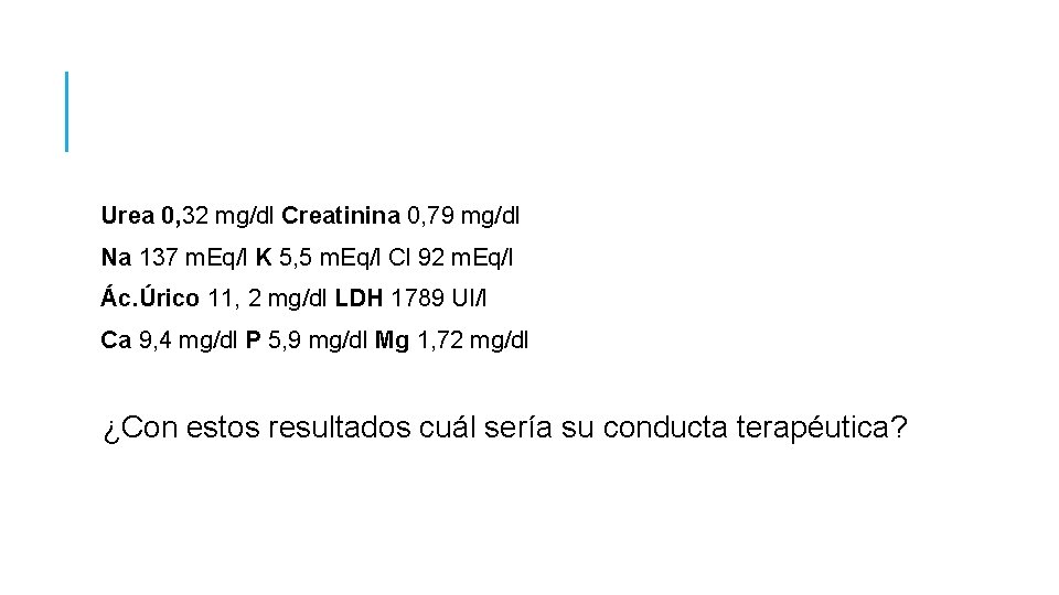 Urea 0, 32 mg/dl Creatinina 0, 79 mg/dl Na 137 m. Eq/l K 5, Urea 0, 32 mg/dl Creatinina 0, 79 mg/dl Na 137 m. Eq/l K 5,