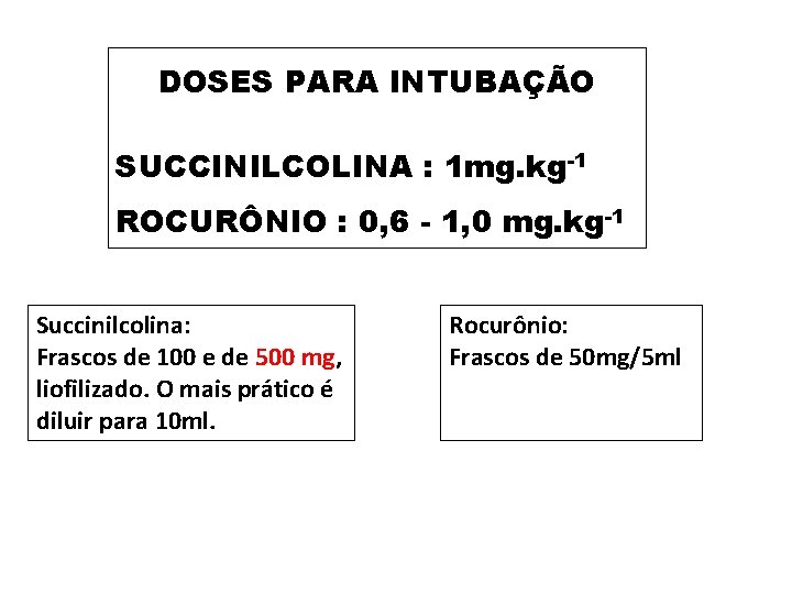 DOSES PARA INTUBAÇÃO SUCCINILCOLINA : 1 mg. kg-1 ROCURÔNIO : 0, 6 - 1,