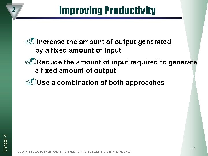 2 Improving Productivity. Increase the amount of output generated by a fixed amount of