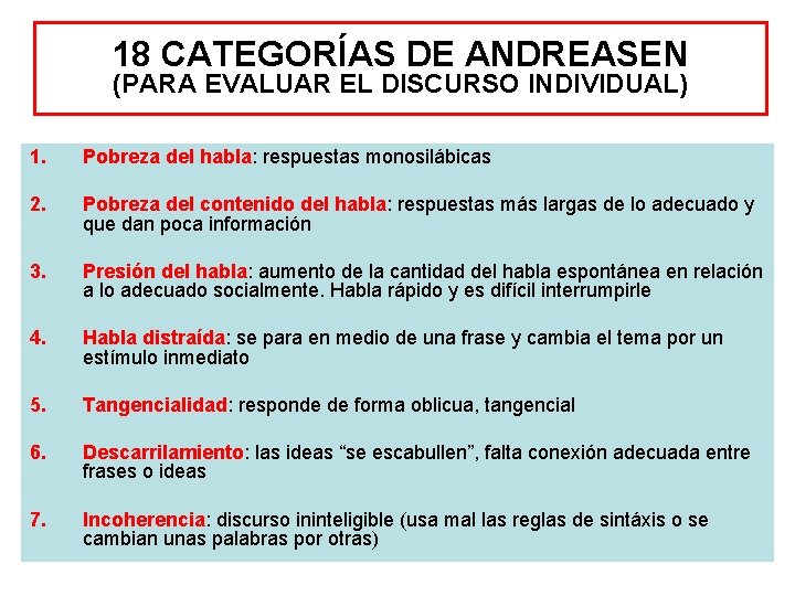 18 CATEGORÍAS DE ANDREASEN (PARA EVALUAR EL DISCURSO INDIVIDUAL) 1. Pobreza del habla: respuestas