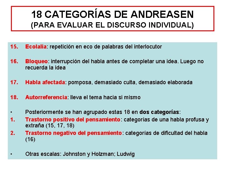 18 CATEGORÍAS DE ANDREASEN (PARA EVALUAR EL DISCURSO INDIVIDUAL) 15. Ecolalia: repetición en eco