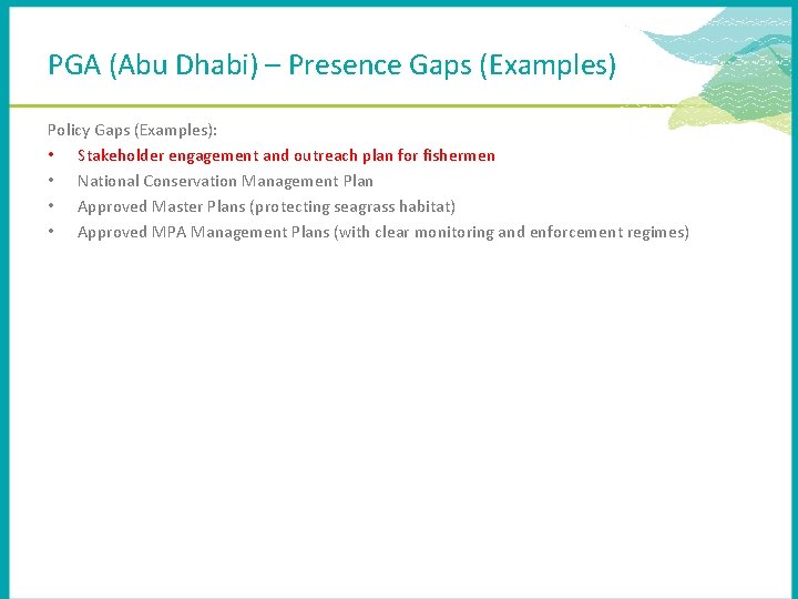 PGA (Abu Dhabi) – Presence Gaps (Examples) Policy Gaps (Examples): • Stakeholder engagement and