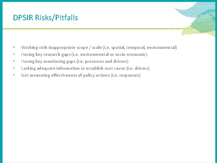 DPSIR Risks/Pitfalls • • • Working with inappropriate scope / scale (i. e. spatial,