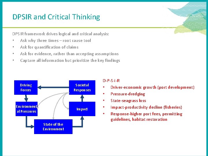 DPSIR and Critical Thinking DPSIR framework drives logical and critical analysis: • Ask why