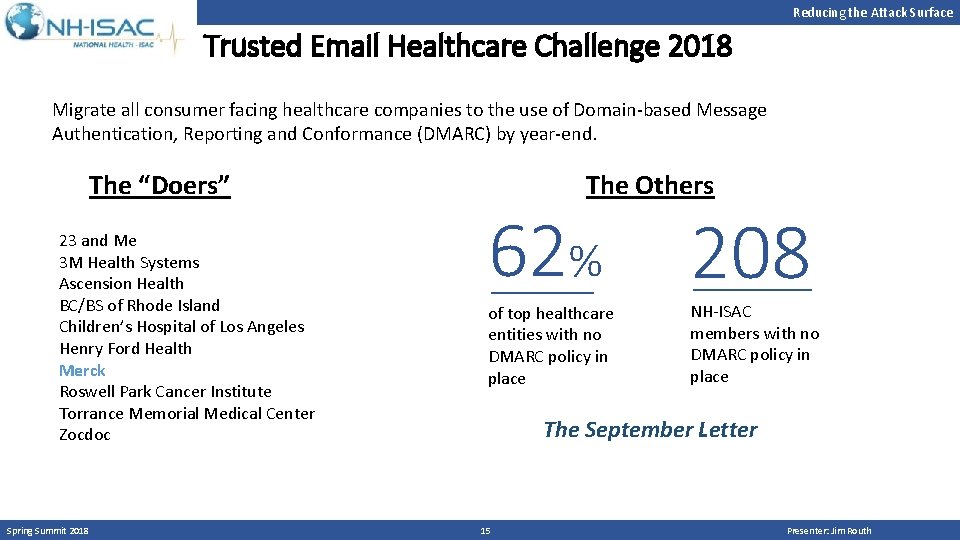 Reducing the Attack Surface Trusted Email Healthcare Challenge 2018 Migrate all consumer facing healthcare