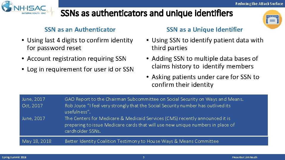 Reducing the Attack Surface SSNs as authenticators and unique identifiers SSN as an Authenticator