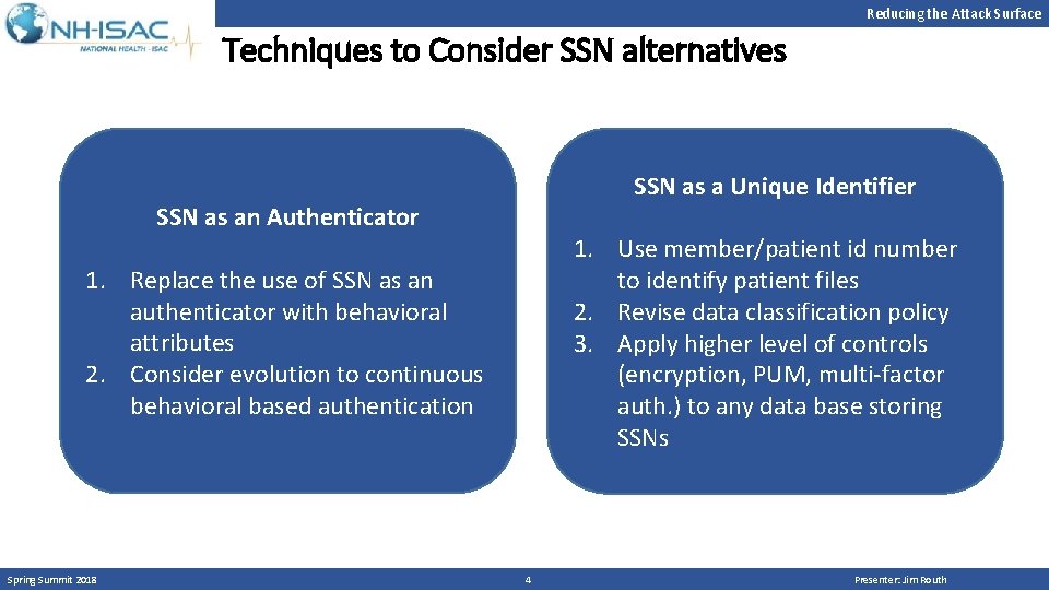 Reducing the Attack Surface Techniques to Consider SSN alternatives SSN as a Unique Identifier