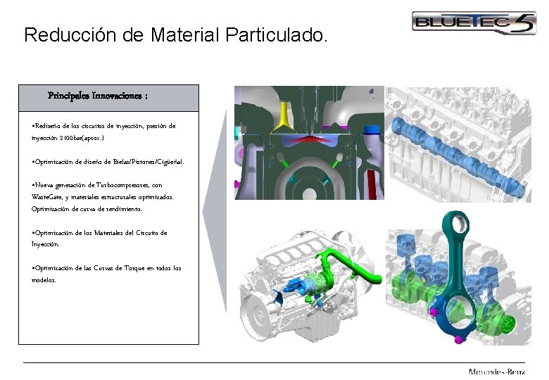 Reducción de Material Particulado. Principales Innovaciones : • Rediseño de los circuitos de inyección,