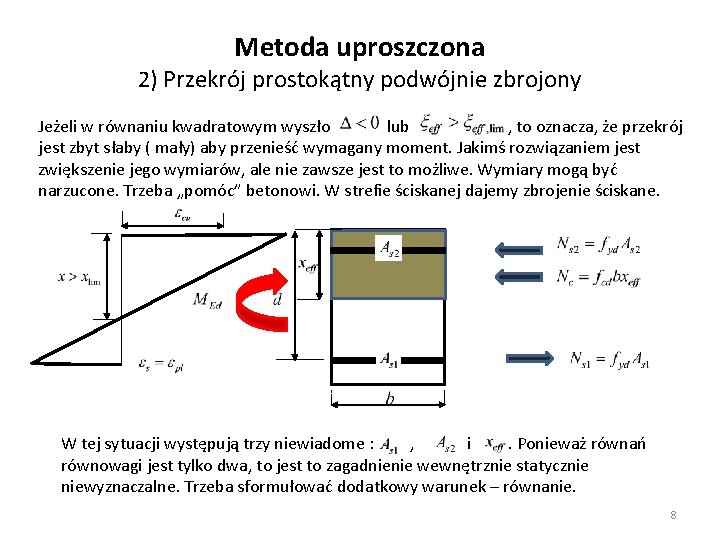 Metoda uproszczona 2) Przekrój prostokątny podwójnie zbrojony Jeżeli w równaniu kwadratowym wyszło lub ,