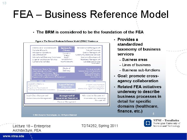 13 FEA – Business Reference Model Lecture 18 – Enterprise Architecture, FEA TDT 4252,