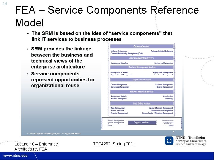 14 FEA – Service Components Reference Model Lecture 18 – Enterprise Architecture, FEA TDT